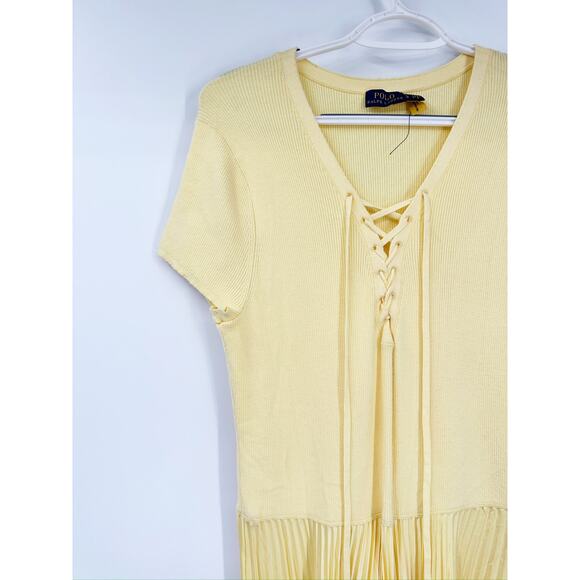 Polo Ralph Lauren Yellow Lace Up Pleated Short Sleeve Midi Dress Size Large - Picture 8 of 8